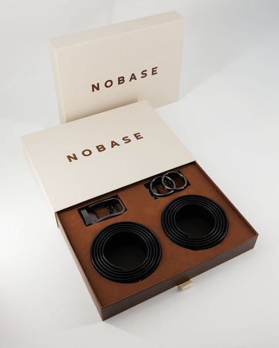 Gaveboks med Base Love-pakke og sort læderbælte til dame og herre